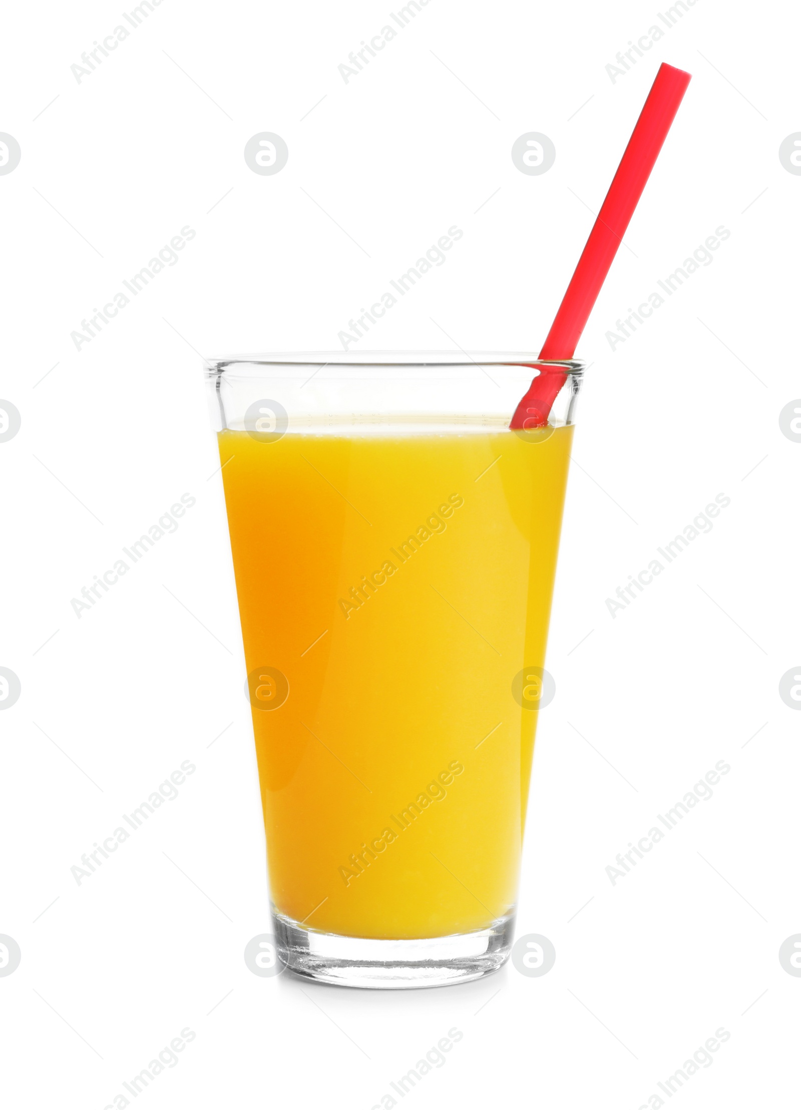 Photo of Glass of orange juice with straw on white background