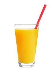 Photo of Glass of orange juice with straw on white background