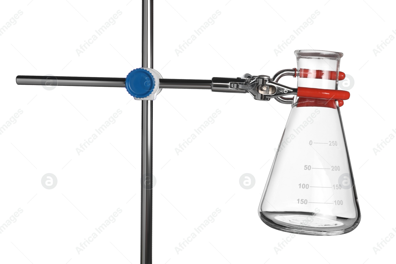 Photo of Retort stand with empty flask isolated on white