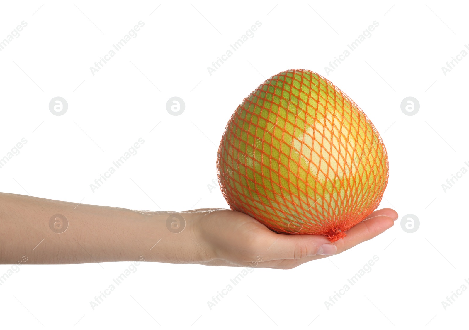 Photo of Man holding fresh pomelo fruit in mesh on white background, closeup