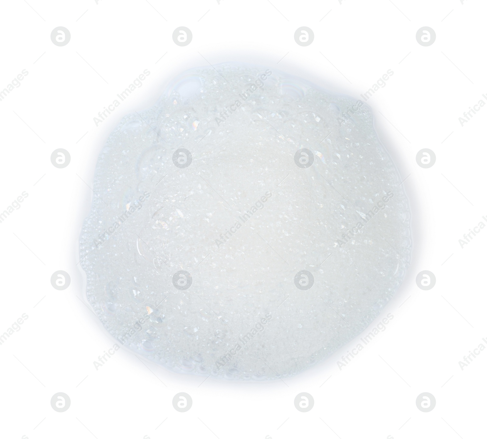 Photo of Fluffy bath foam isolated on white, top view