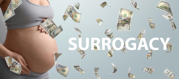 Image of Surrogacy concept. Closeup view of young pregnant woman and flying money on light background, banner design