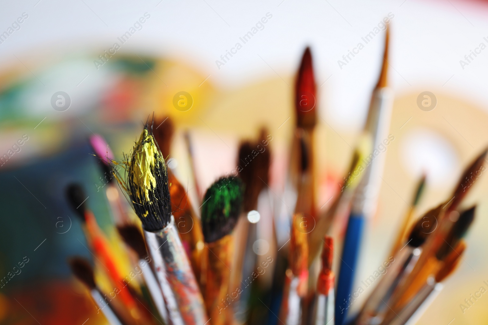 Photo of Different paint brushes on blurred background, closeup