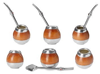 Image of Set with calabashes with mate tea and bombillas on white background