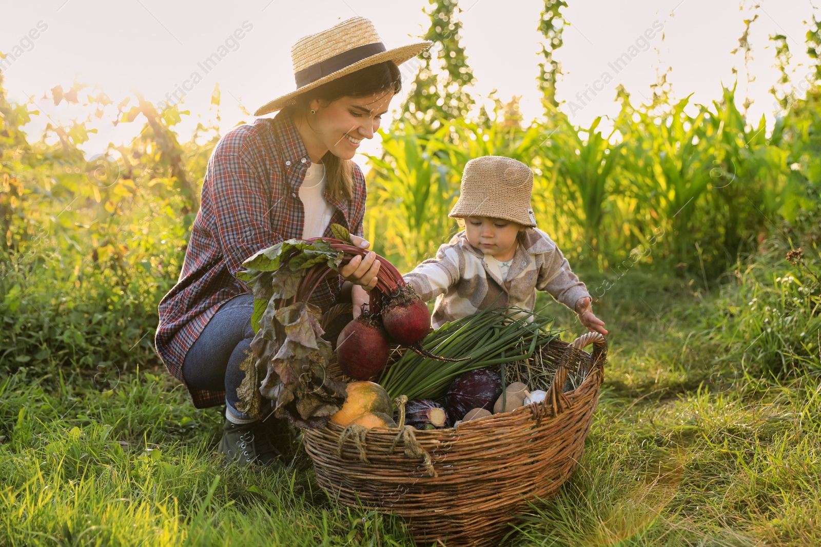 Photo of Mother and daughter harvesting different fresh ripe vegetables on farm