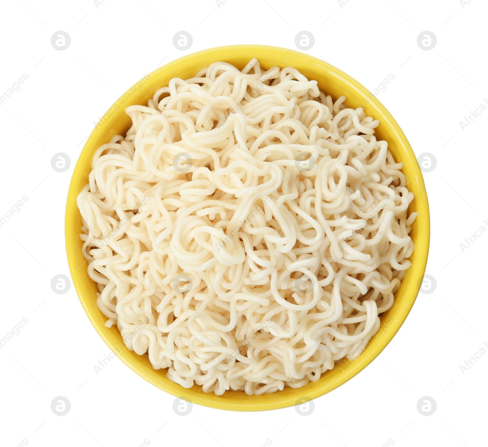 Photo of Tasty instant noodles in bowl isolated on white, top view