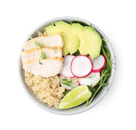 Photo of Delicious quinoa salad with chicken, avocado and radish in bowl isolated on white, top view