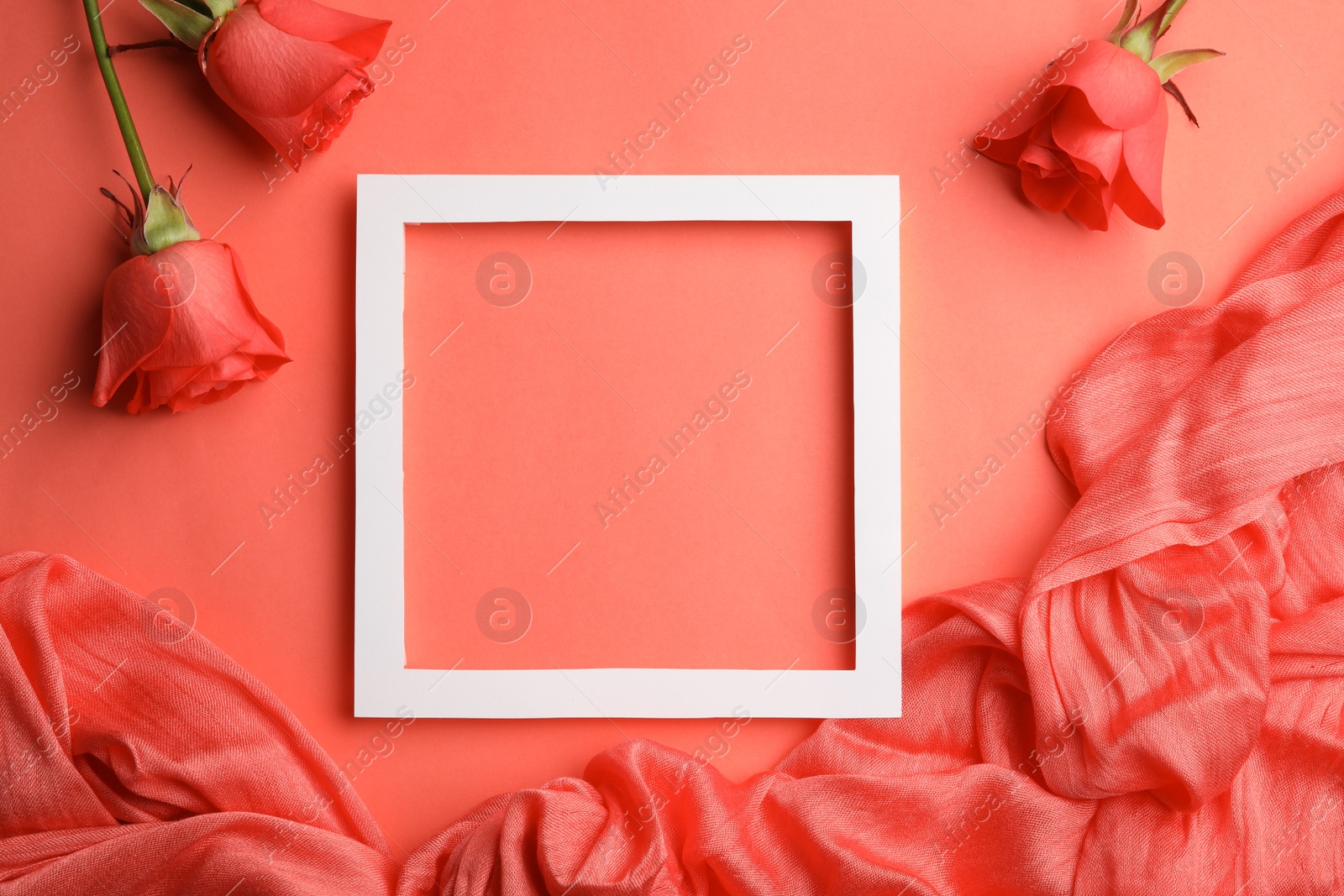 Photo of Flat lay composition with frame, roses and fabric on coral background. Space for text