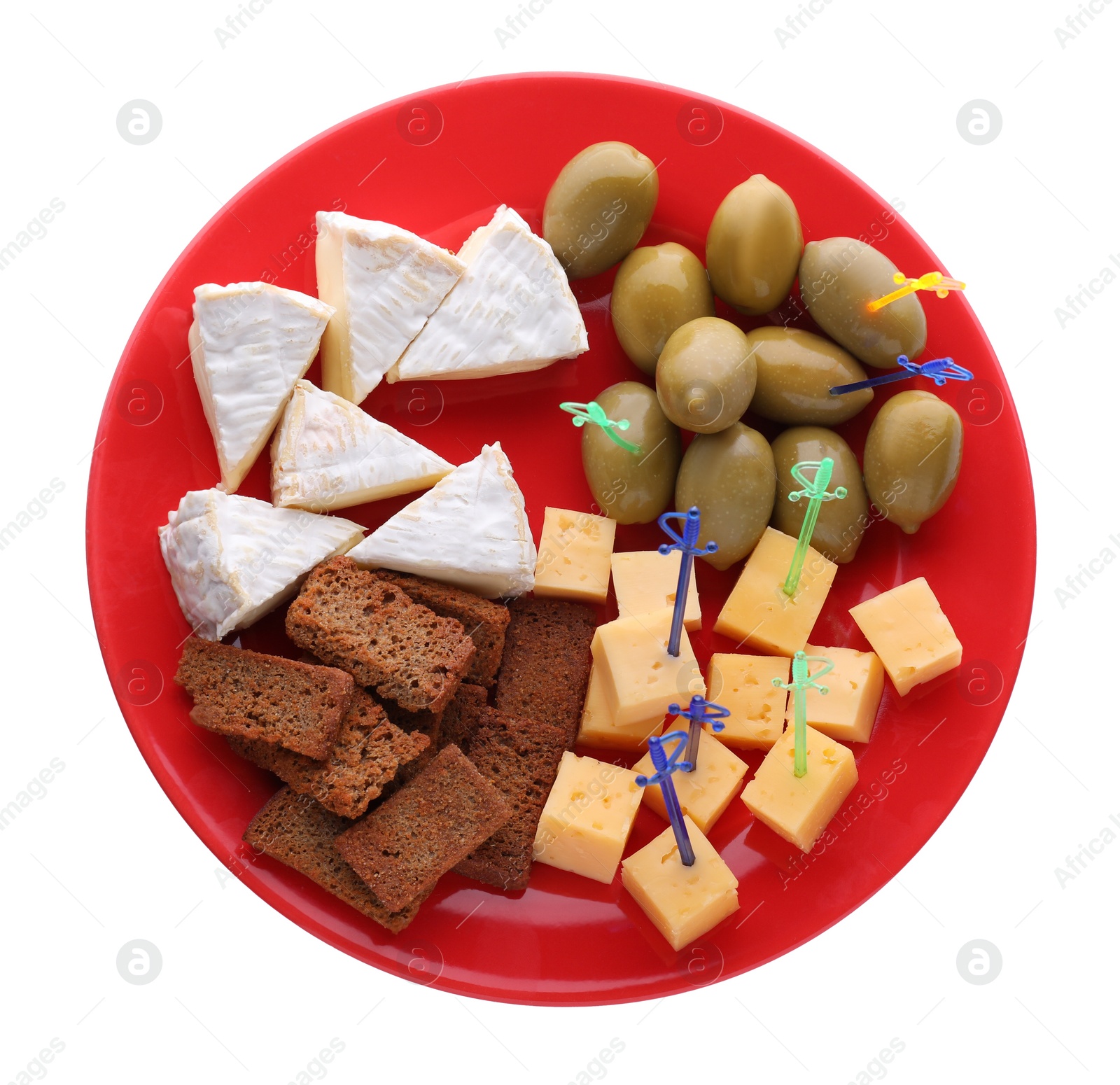 Photo of Toothpick appetizers. Tasty cheese, olives and croutons on white background, top view