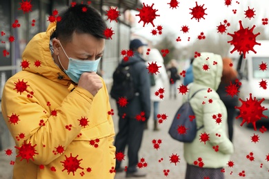 Image of Stronger immunity - better disease resistance. Asian man in medical mask surrounded by viruses on city street