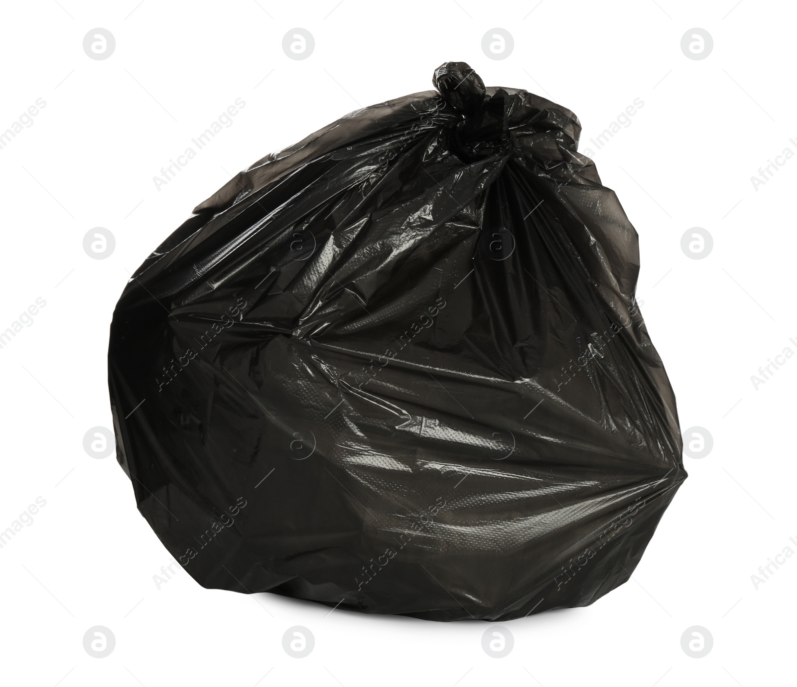 Photo of Black trash bag filled with garbage isolated on white