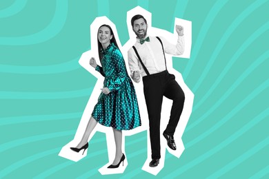 Happy couple dancing on bright background. Creative collage with stylish man and woman. Concept of music, party, fashion, lifestyle