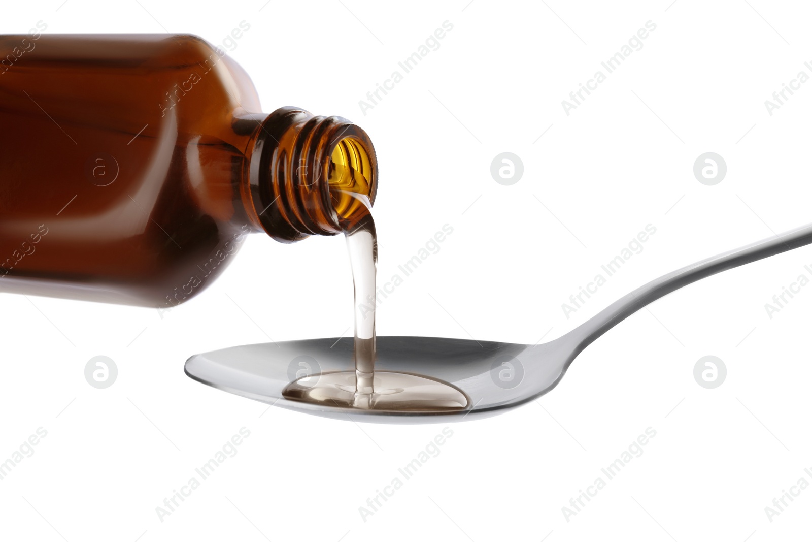 Photo of Pouring syrup into spoon from bottle isolated on white, closeup. Cough and cold medicine