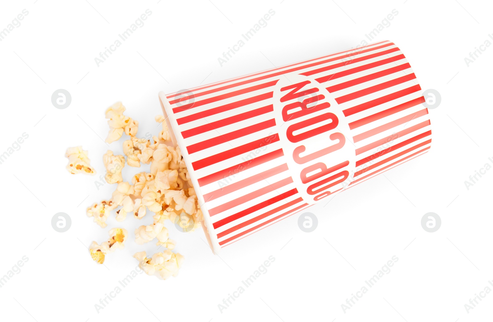 Photo of Bucket of tasty pop corn isolated on white, top view