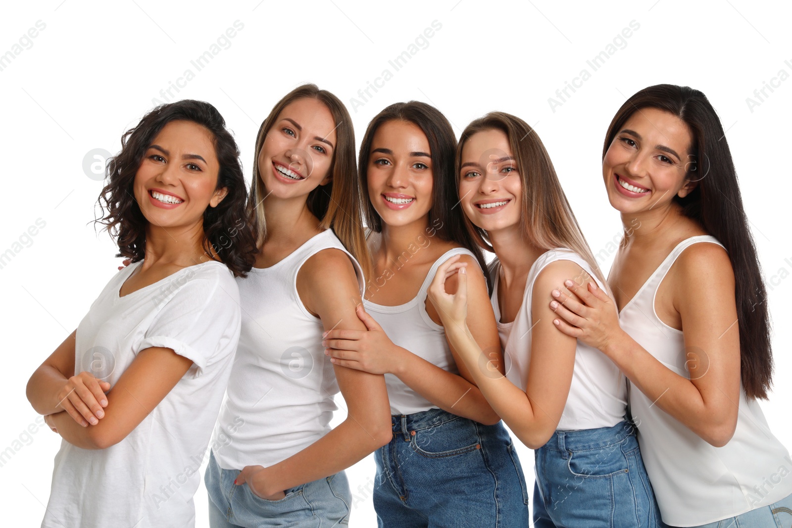 Photo of Happy women on white background. Girl power concept