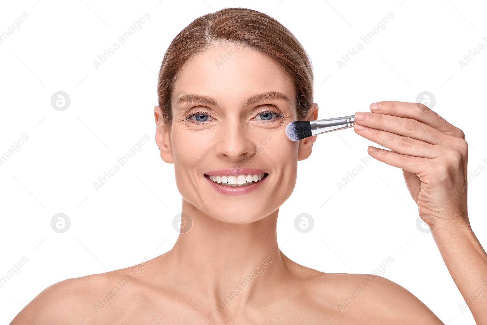 Photo of Woman with makeup brush on white background