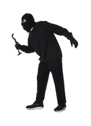 Photo of Thief in balaclava with crowbar on white background