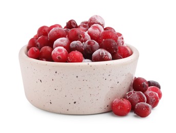 Photo of Frozen red cranberries in bowl isolated on white