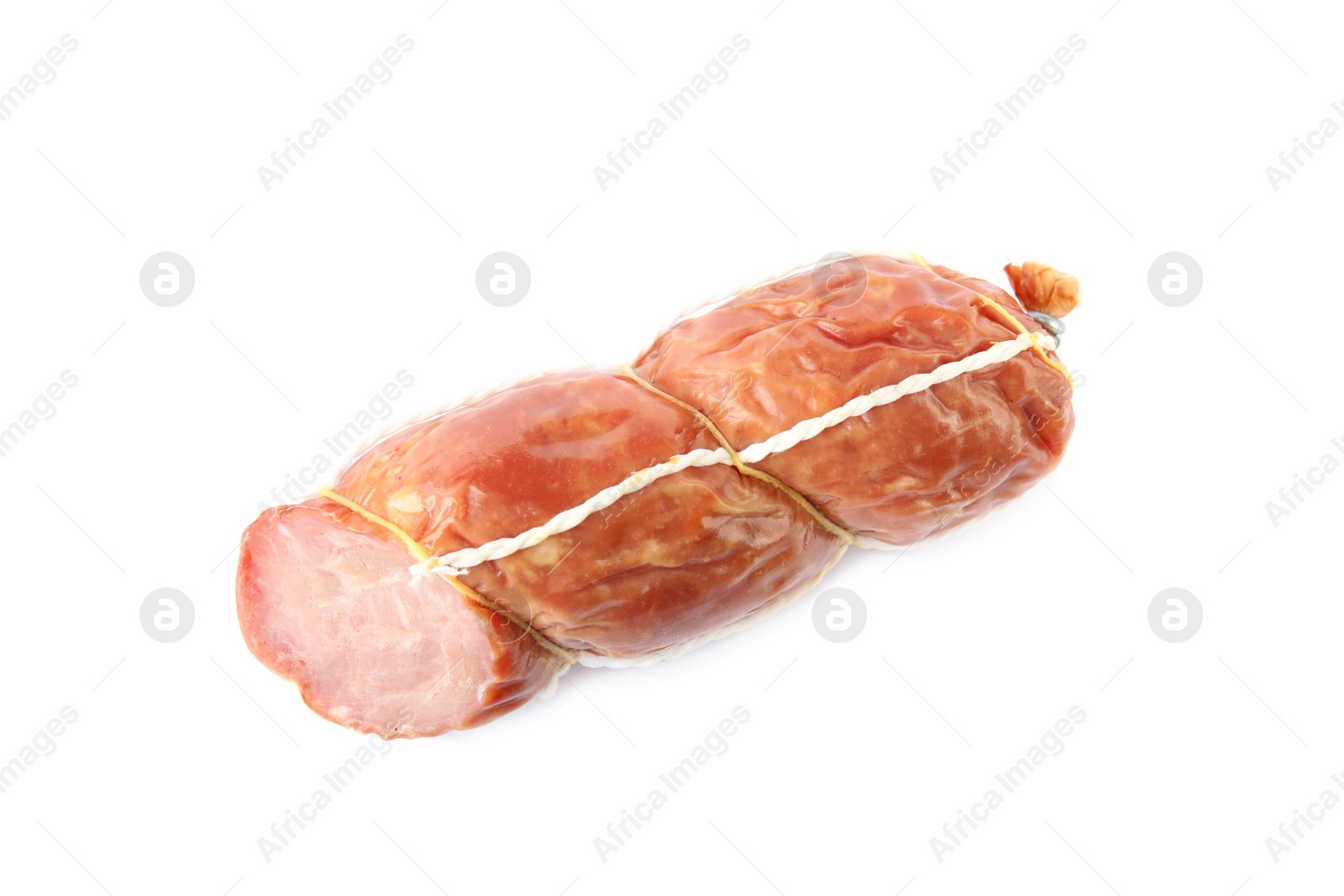 Photo of Tasty cut sausage on white background, top view. Meat product