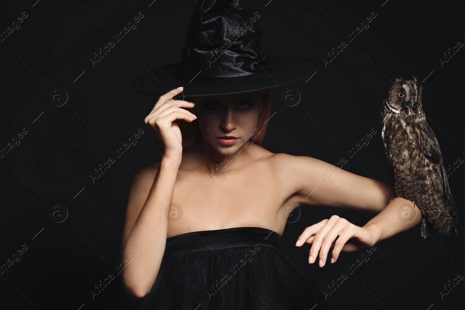 Photo of Witch in black hat with owl on dark background. Scary fantasy character