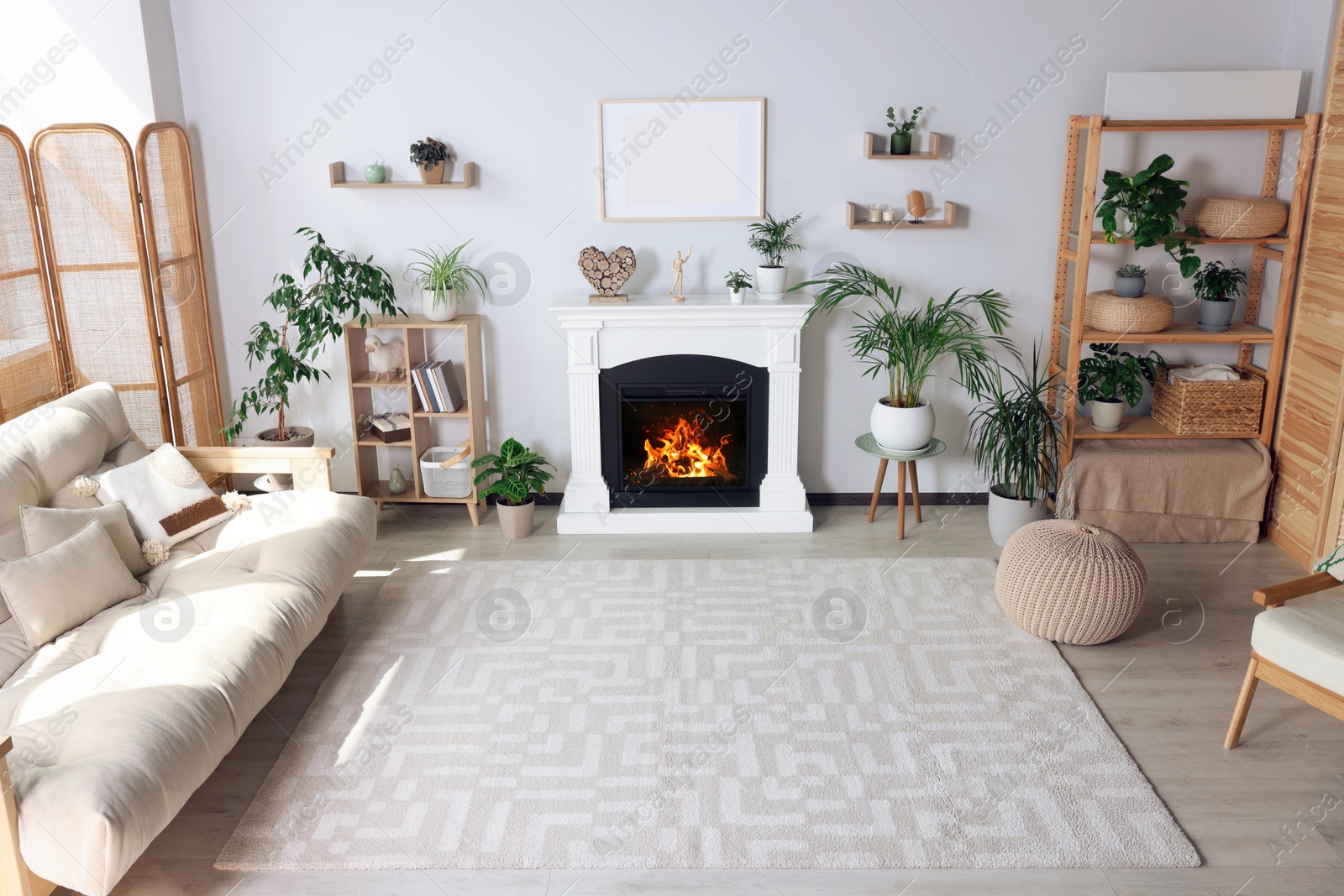 Photo of Stylish living room interior with fireplace, houseplants and beige sofa, flat lay