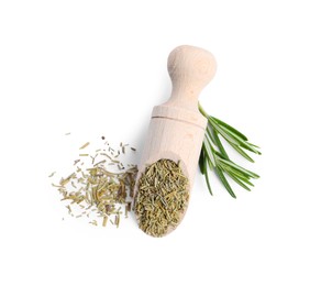 Scoop with dry rosemary and fresh sprig on white background, top view