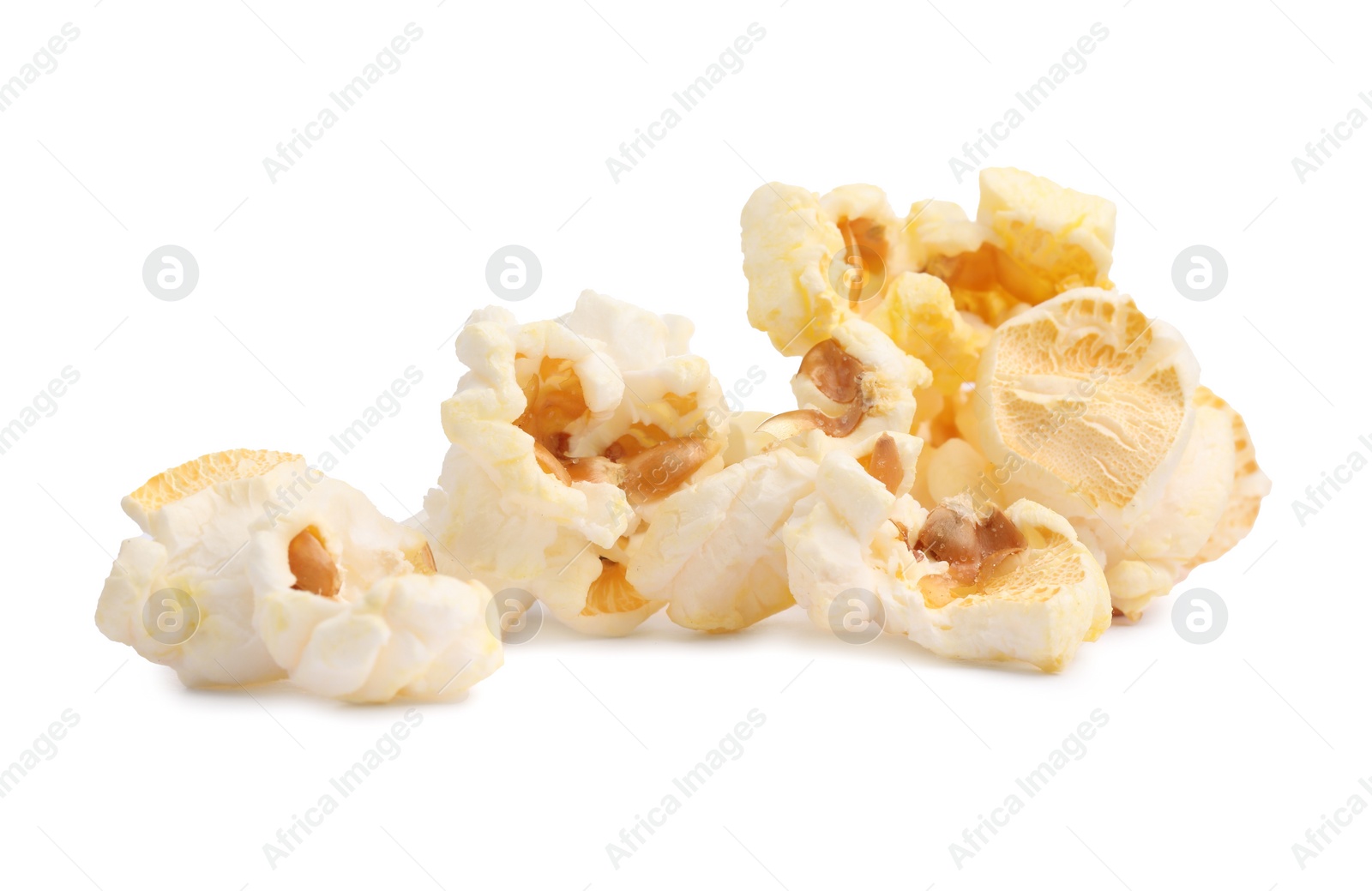 Photo of Fresh popcorn isolated on white. Tasty snack