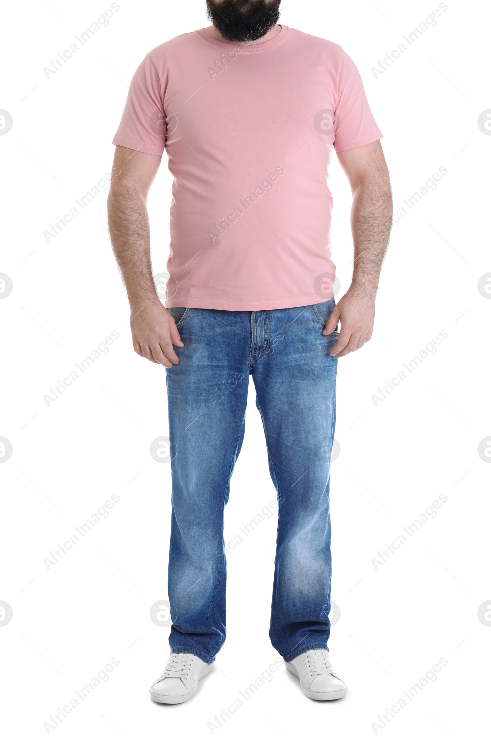 Photo of Overweight man isolated on white, closeup. Weight loss