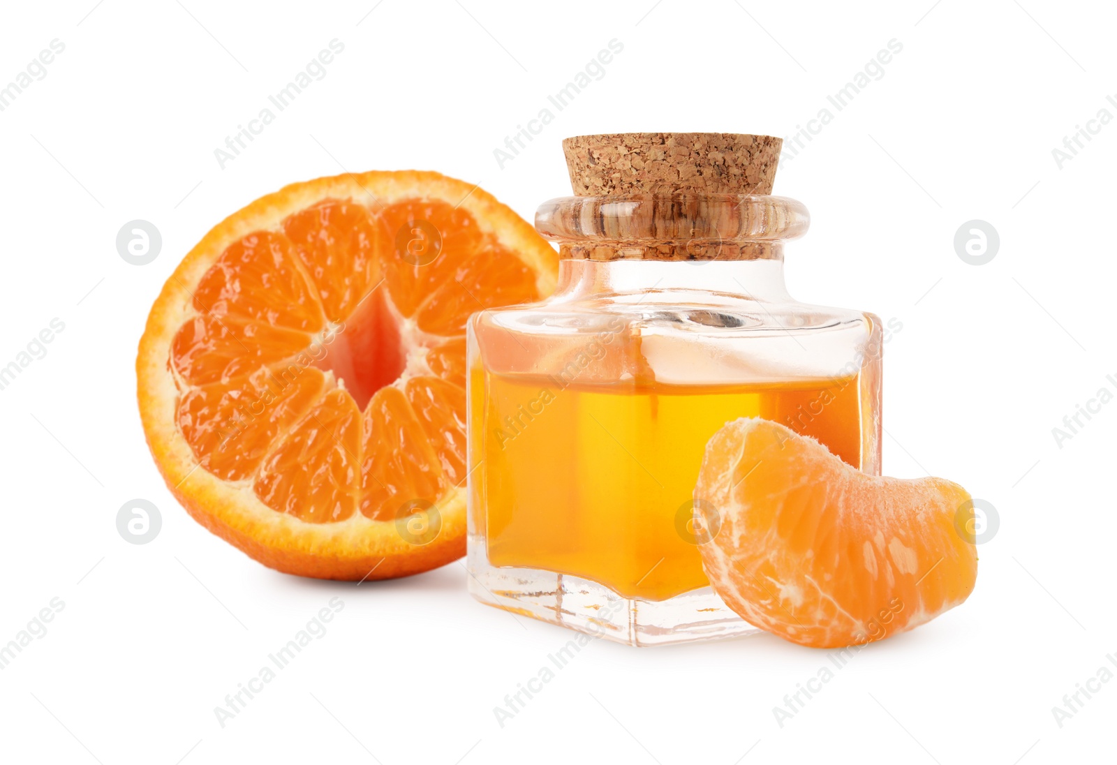 Photo of Aromatic tangerine essential oil in bottle and citrus fruit isolated on white