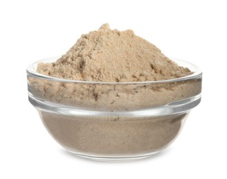 Glass bowl of buckwheat flour isolated on white
