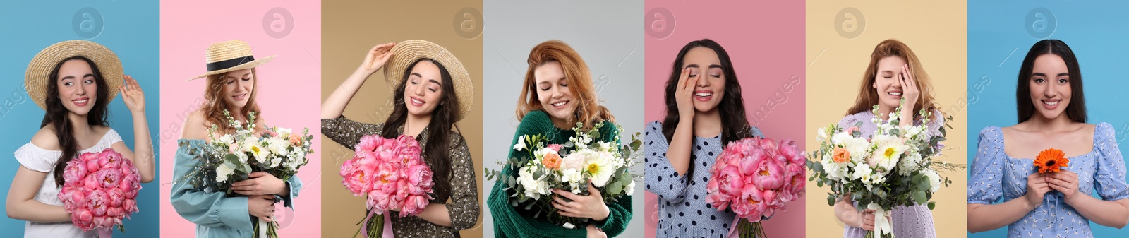 Image of 8 March - Happy Women's Day. Charming ladies with beautiful flowers on different colors backgrounds, collage