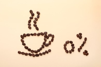 Photo of Cupcoffee and 0 percent made with beans on beige background, flat lay. Decaffeinated drink