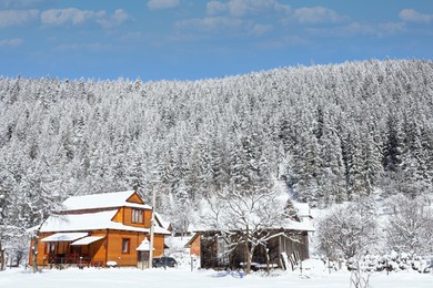 Photo of Picturesque view of wooden cabin and beautiful forest covered with snow in winter