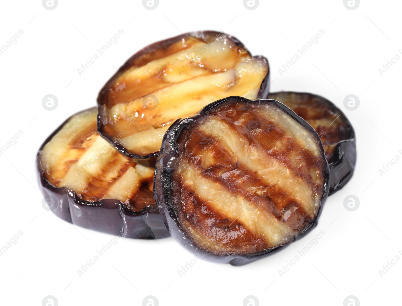 Photo of Slices of tasty grilled eggplant isolated on white