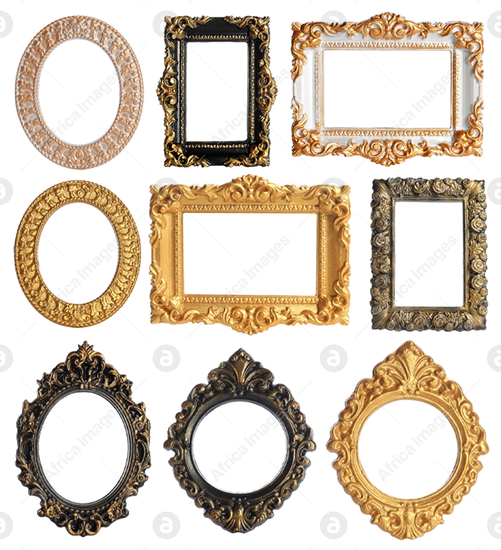 Image of Set of different old fashioned frames on white background