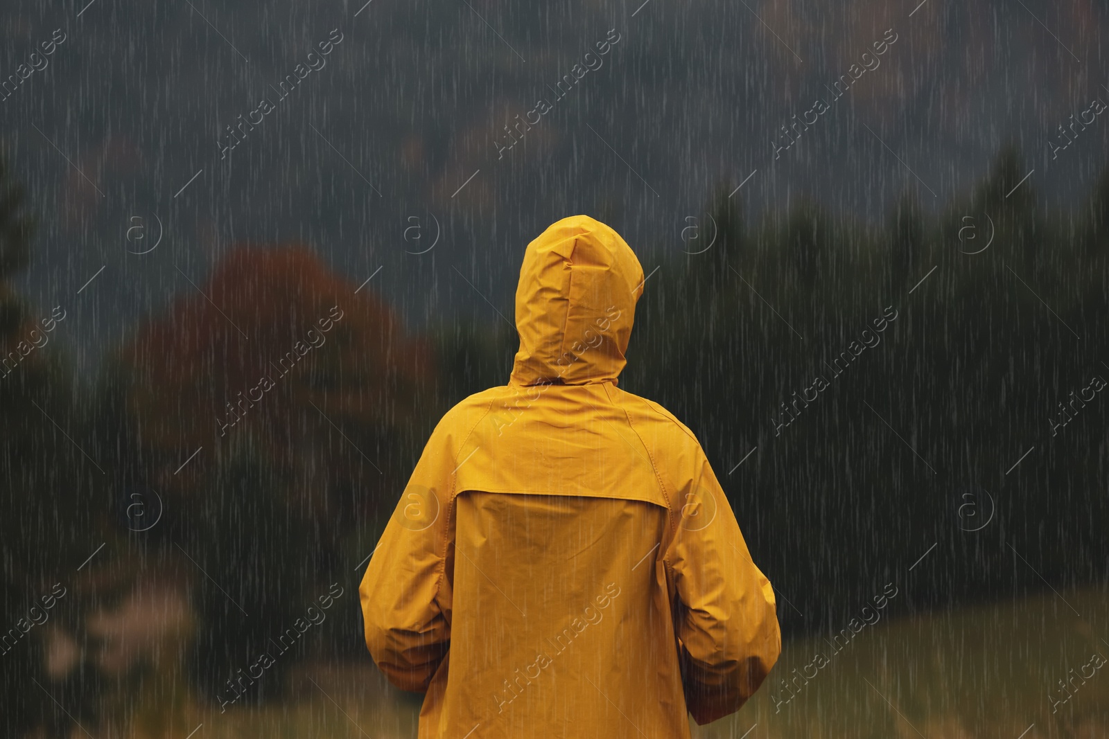 Photo of Woman in raincoat enjoying mountain landscape under rain, back view