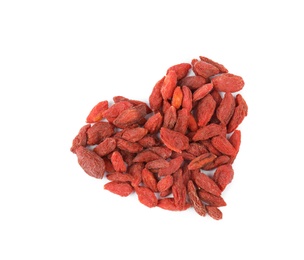 Photo of Heart shaped pile of dried goji berries on white background, top view