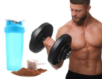 Bodybuilding. Man with muscular torso holding dumbbell on white background. Protein powder and shaker