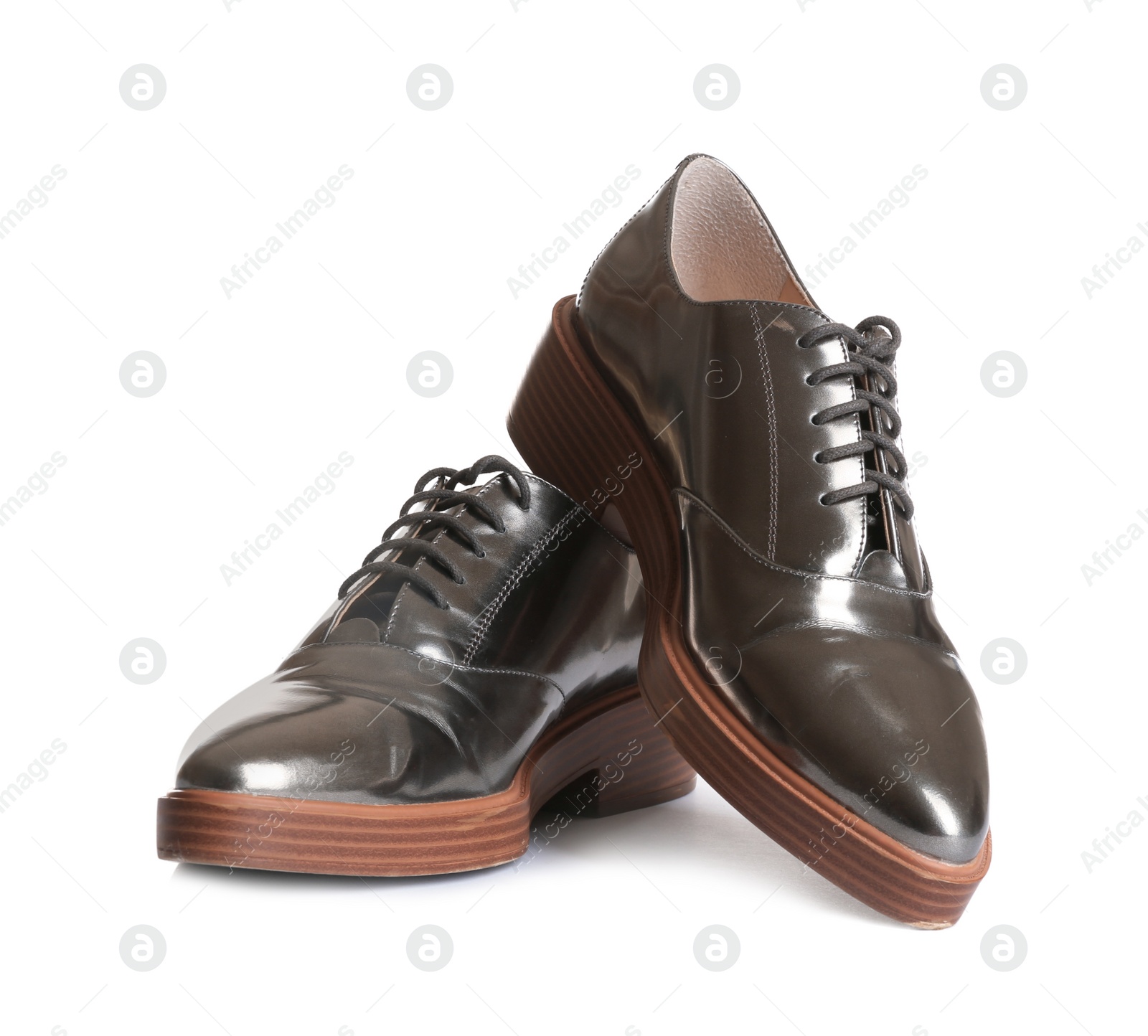 Photo of Elegant shoes on white background. Stylish footwear