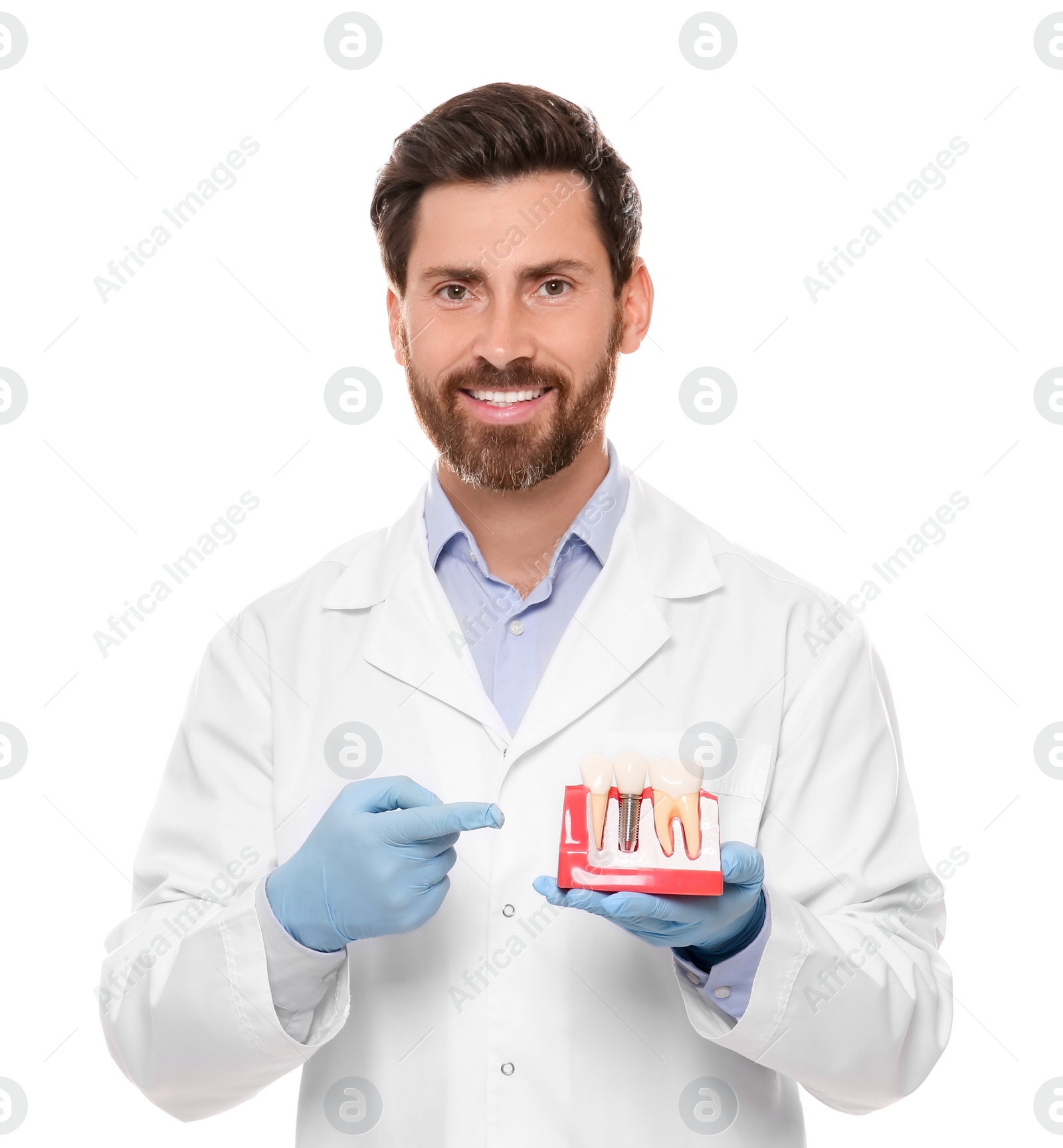 Photo of Dentist holding educational model of dental implant on white background