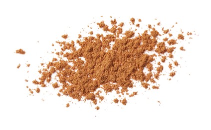 Photo of Dry aromatic cinnamon powder isolated on white, top view