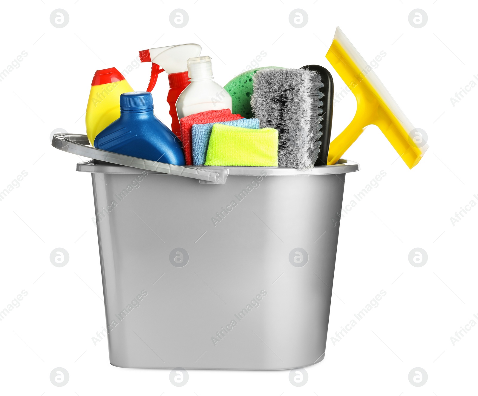 Photo of Grey bucket and many different car wash products on white background