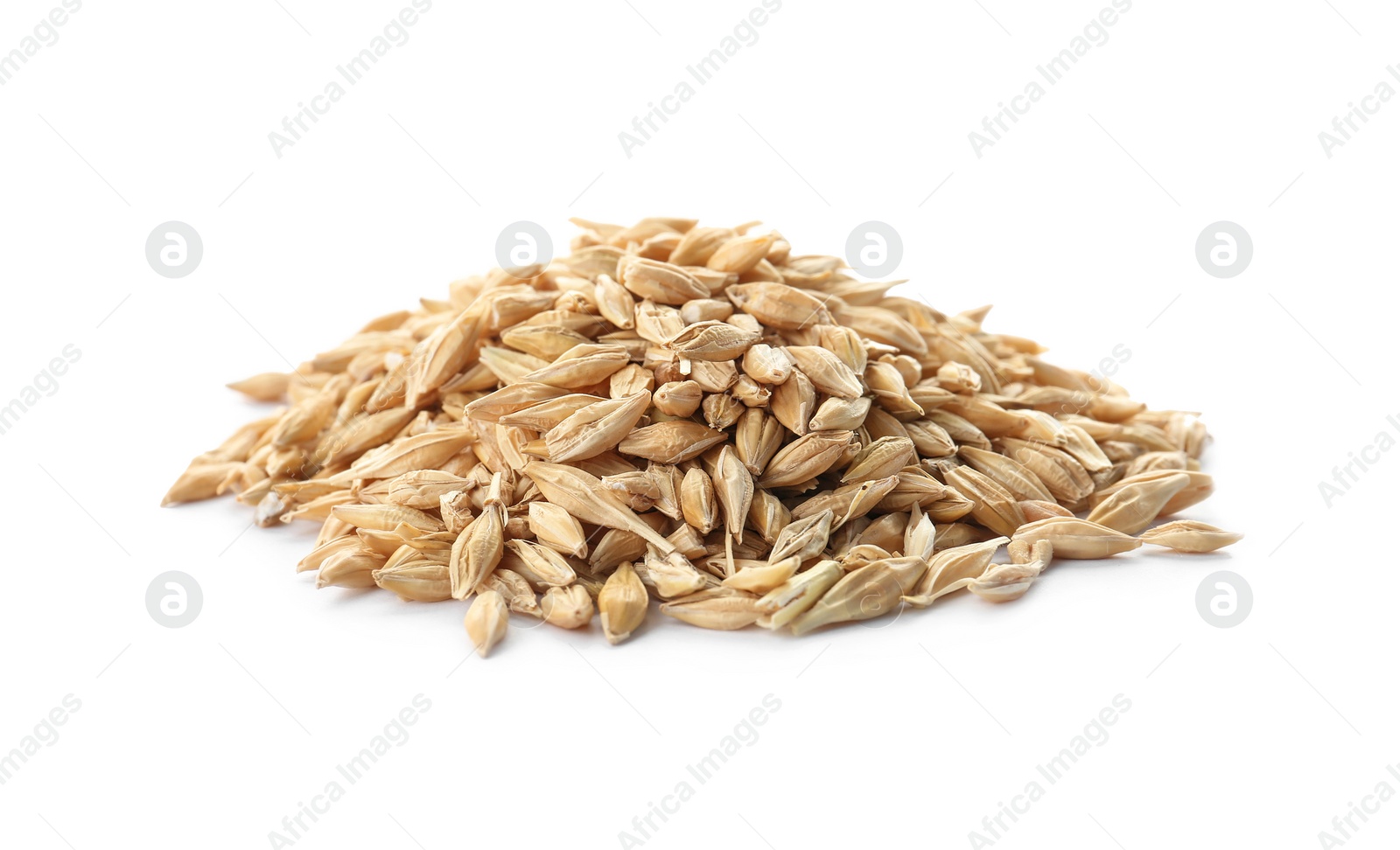 Photo of Raw barley on white background. Healthy grains and cereals