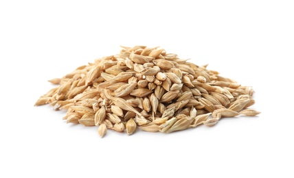 Raw barley on white background. Healthy grains and cereals