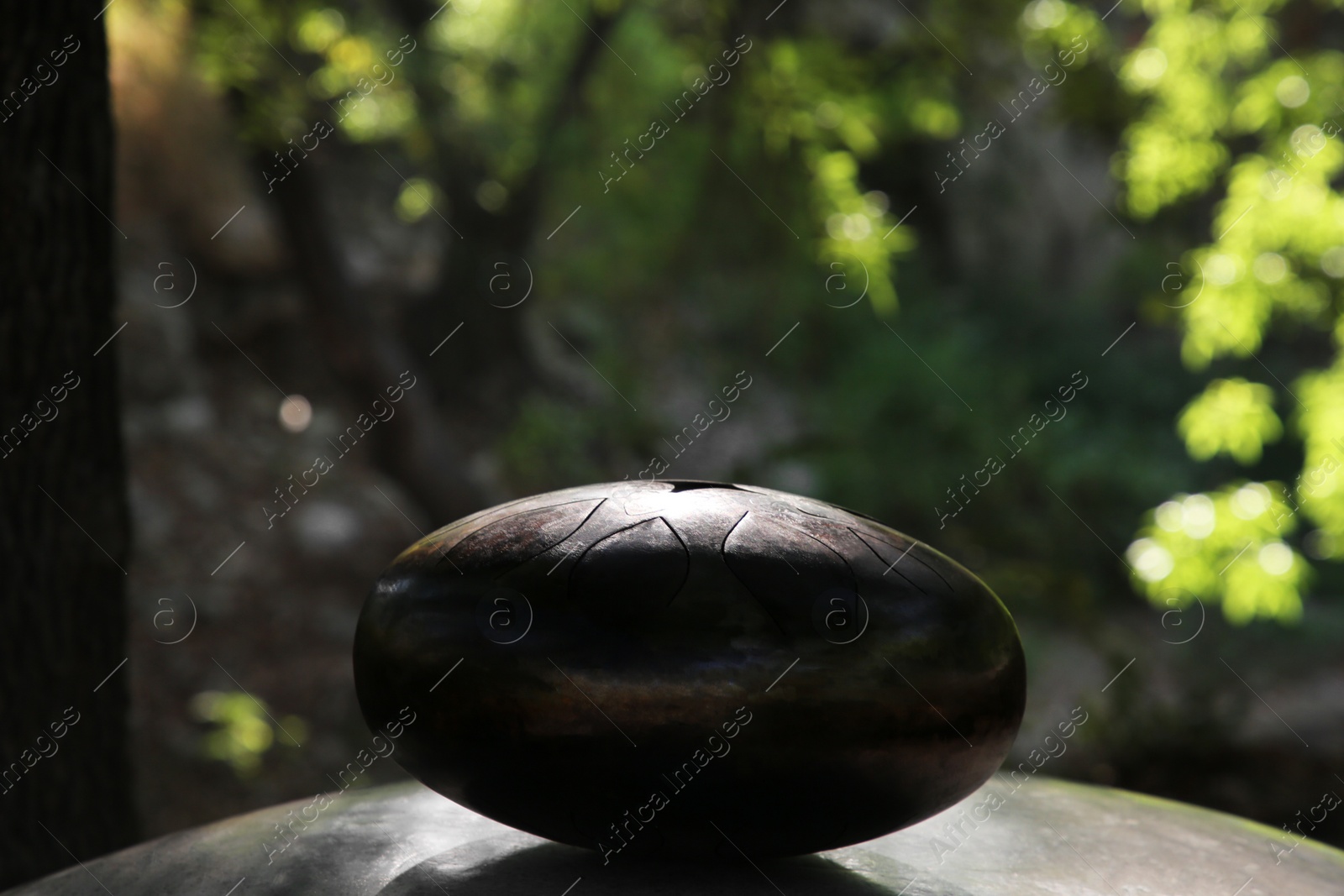 Photo of Steel tongue drum on stone outdoors. Percussion musical instrument