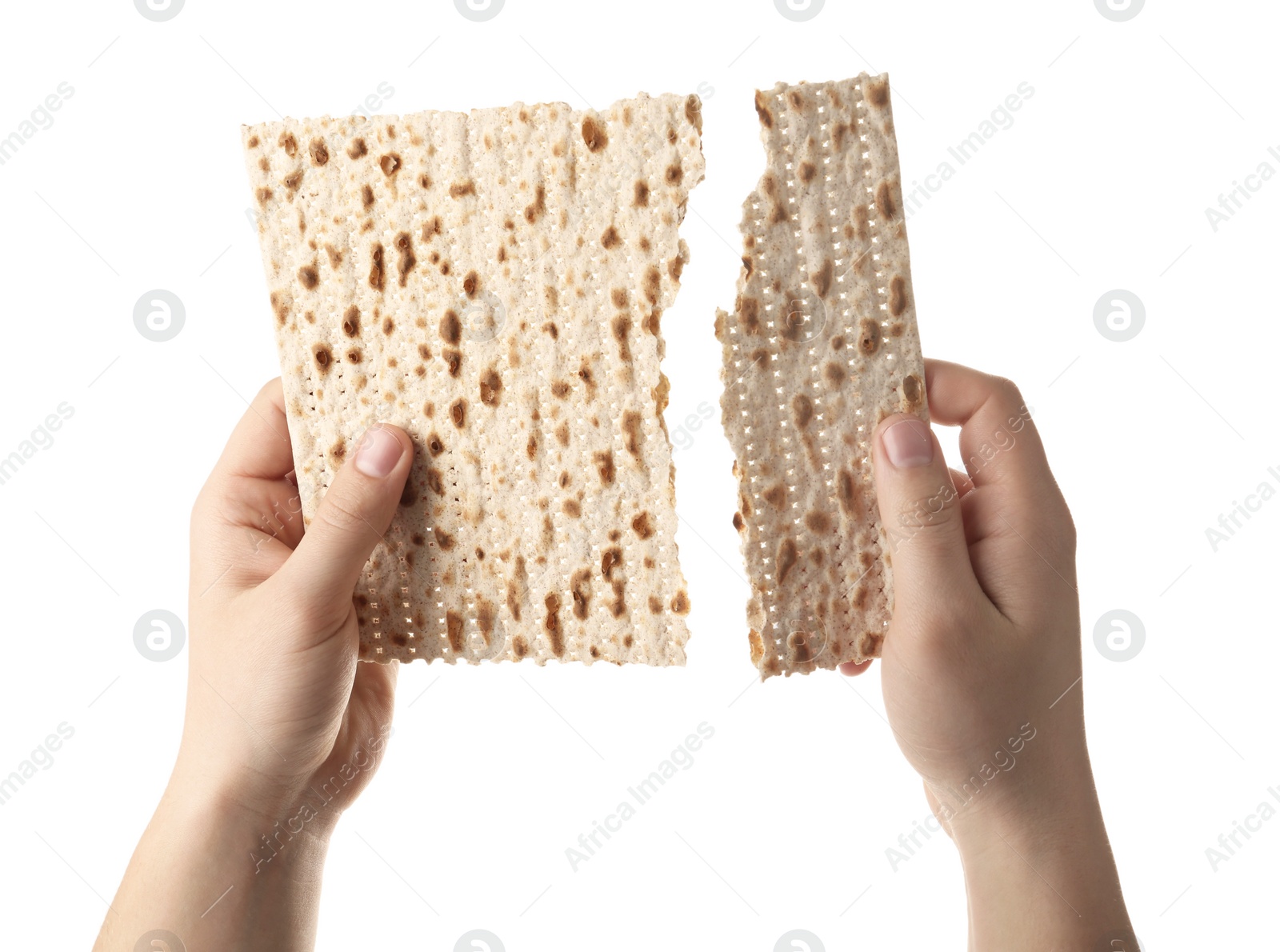 Photo of Woman with passover matzo on white background, closeup