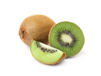 Cut and whole fresh kiwis on white background