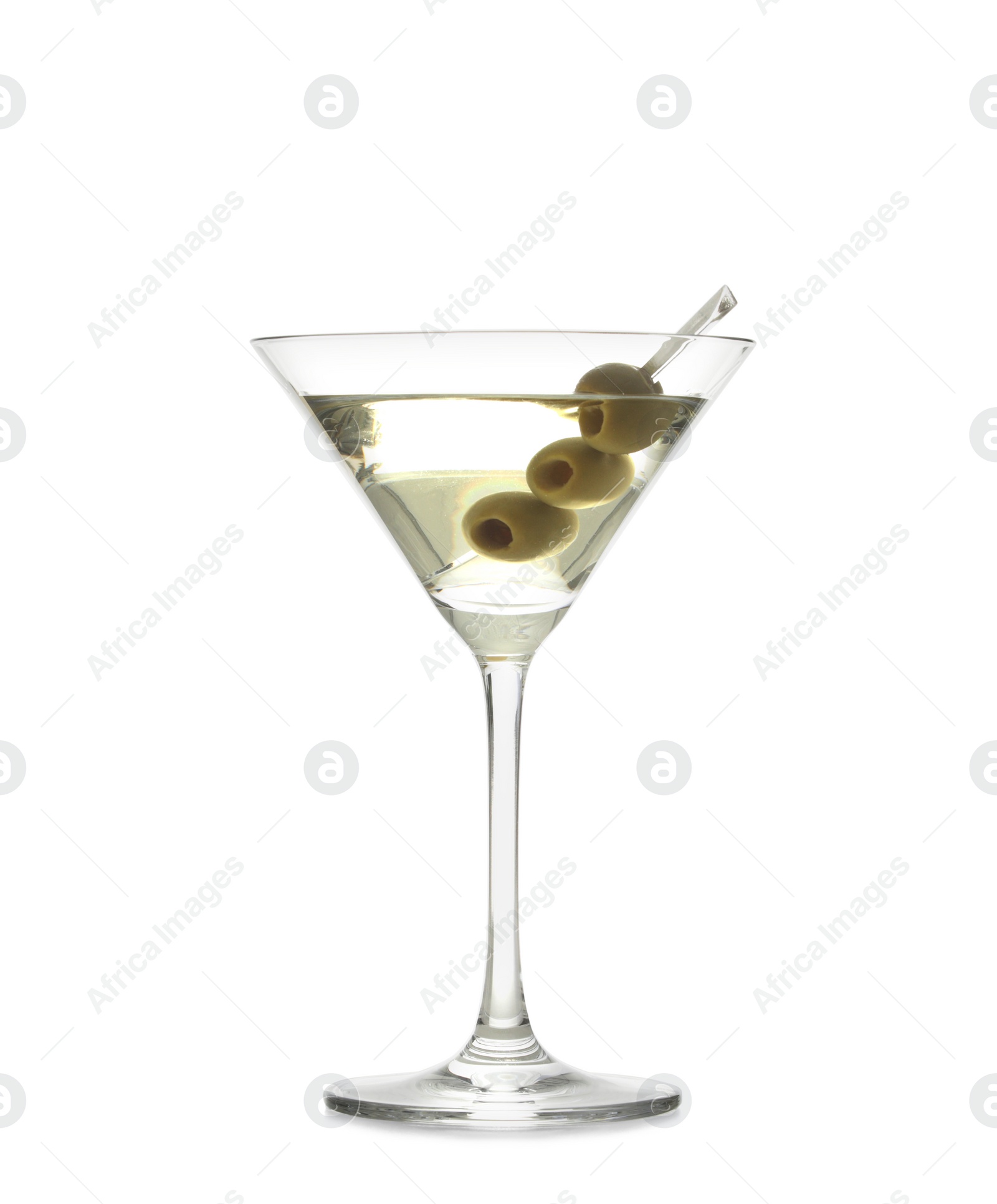 Photo of Glass of olive martini on white background