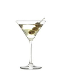 Photo of Glass of olive martini on white background