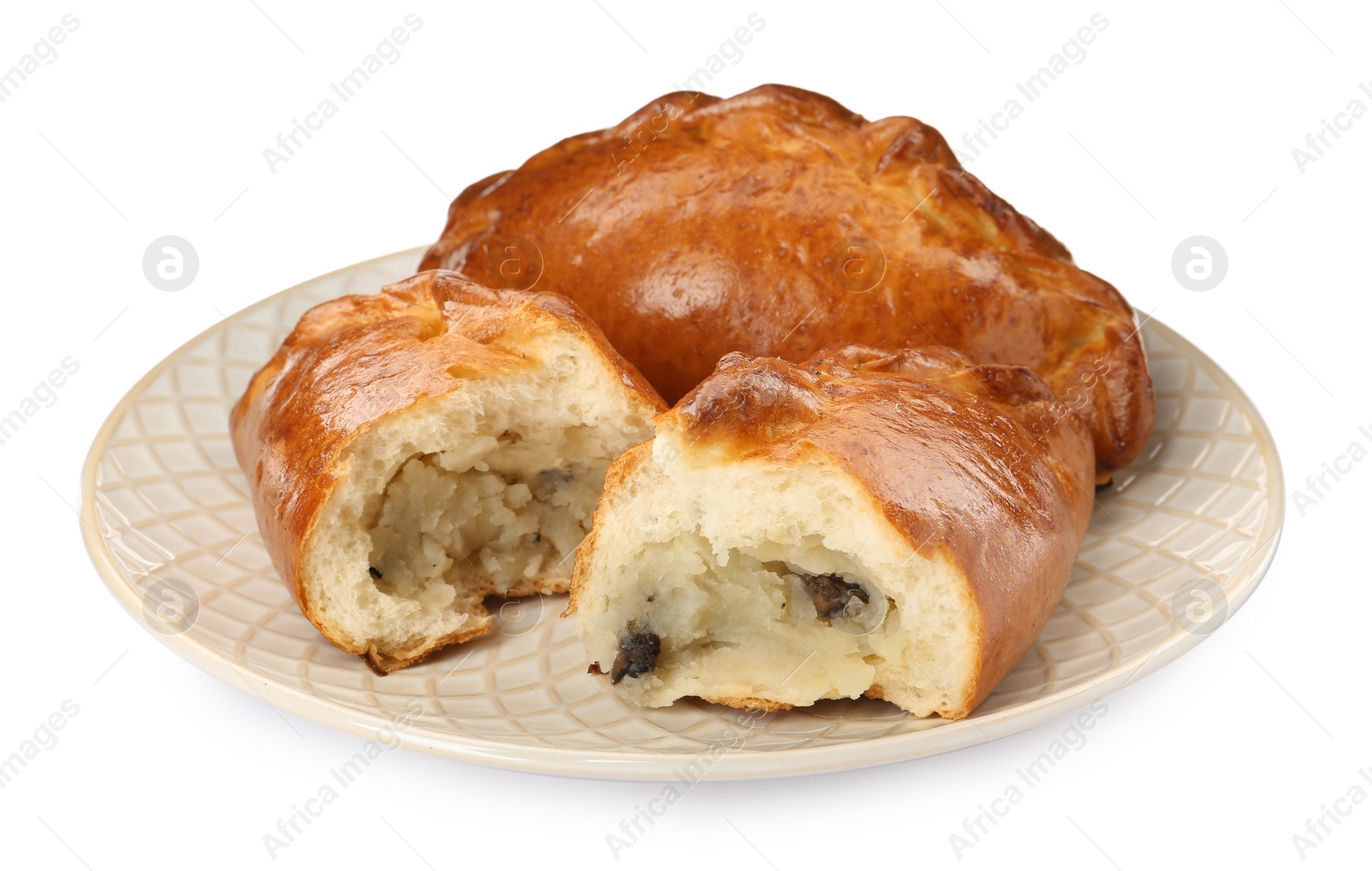 Photo of Delicious baked patties with potato and mushrooms on white background